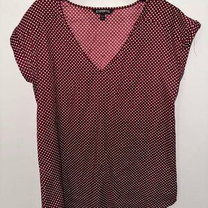 EUC Burgundy/White polka dot V-neck blouse with cuffed cap sleeves, size Small
